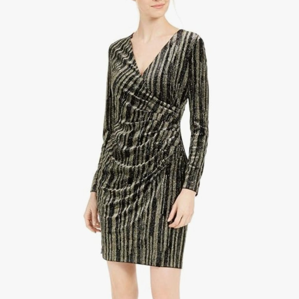 Calvin Klein Velvet Glitter Faux Wrap Dress Size 8, Black & Gold
